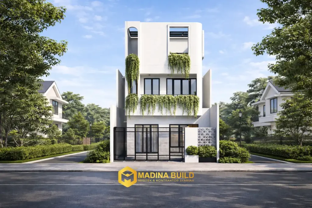 Inspirasi desain rumah kontemporer elegan karya arsitek Madina Build dengan komposisi bentuk sederhana dan estetika modern