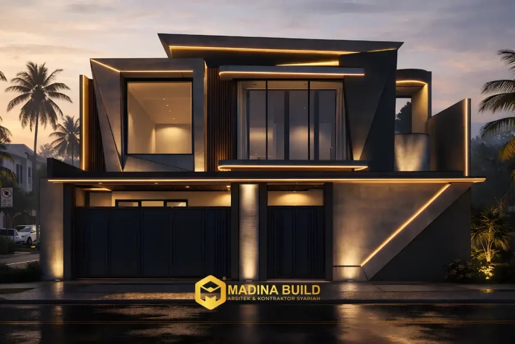 Inspirasi desain rumah modern futuristik 2 lantai karya arsitek Madina Build dengan komposisi bentuk tegas dan pencahayaan arsitektural