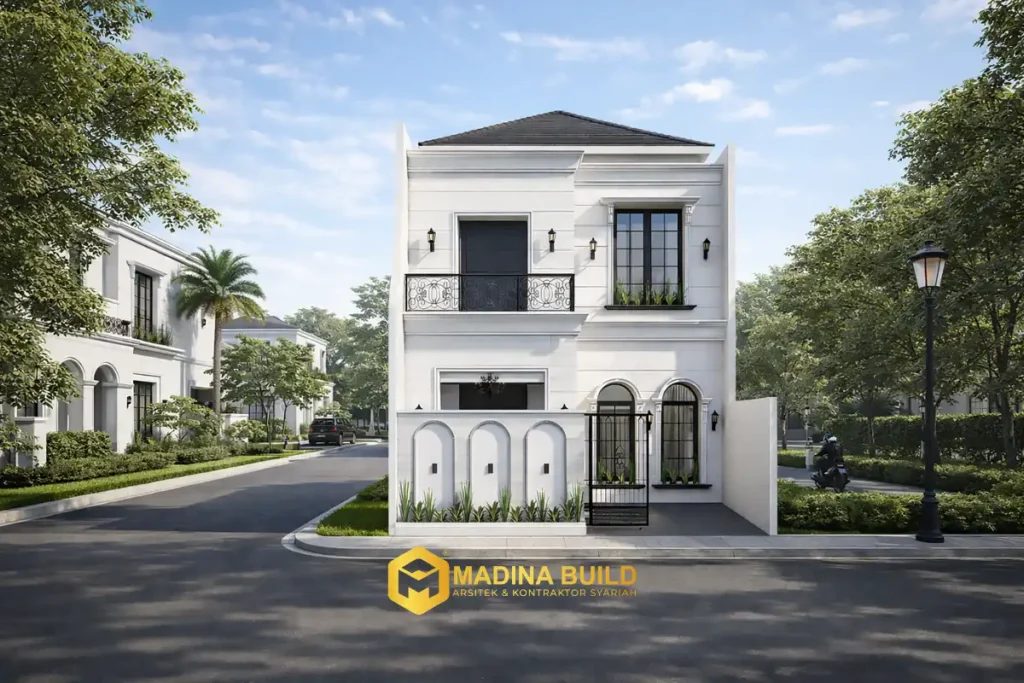 Desain rumah modern klasik 2 lantai karya arsitek Madina Build yang dirancang untuk hunian keluarga jangka panjang