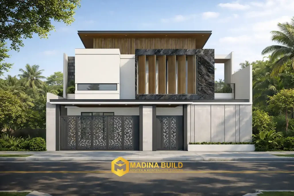 Inspirasi desain rumah modern tropis dua lantai karya arsitek Madina Build dengan perpaduan elemen alami dan fasad elegan