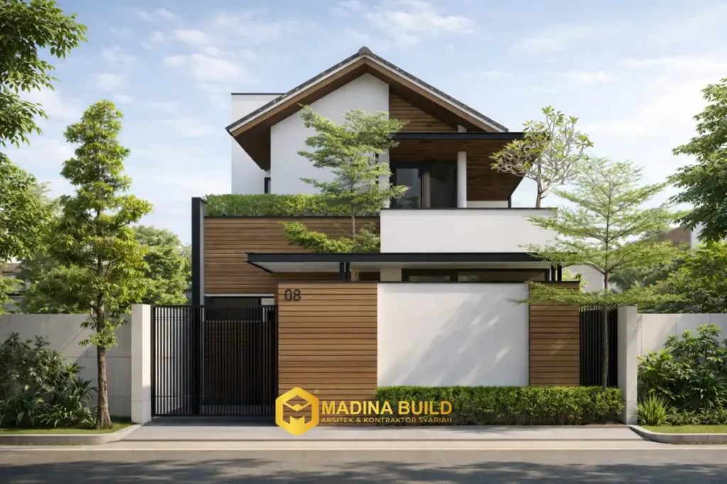 Inspirasi desain rumah modern tropis 2 lantai karya arsitek Madina Build dengan pencahayaan alami dan sirkulasi udara yang baik