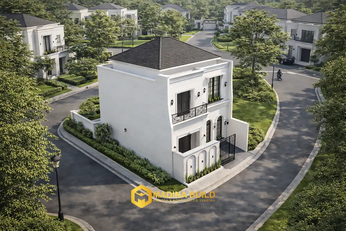 Desain 3D eksterior rumah gaya klasik - Jasa Arsitek Rumah di Humbang Hasundutan