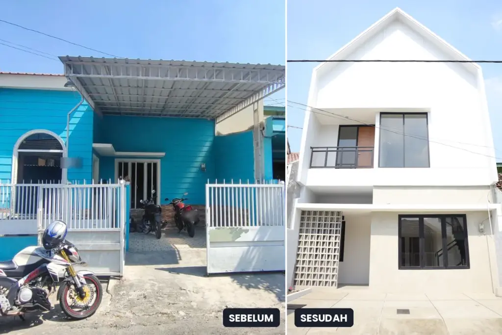 Rumah satu lantai sebelum renovasi dan rumah dua lantai bergaya Skandinavia setelah renovasi oleh Madina Build di Sidoarjo